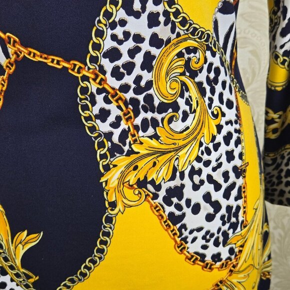 Cache Size 10 Navy Gold White Sheath Dress Animal Print Chain Pattern Sleeves - Picture 3 of 11